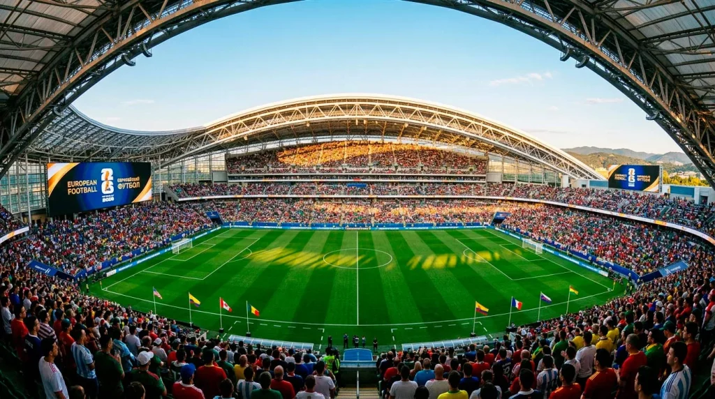 MM-kisojen 2026 turnausstadion taivasta vasten ennen avausottelua