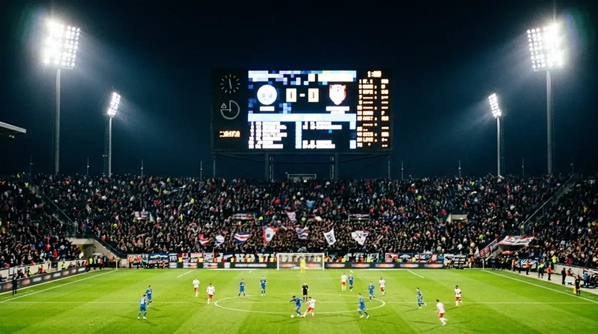 MM-kisojen tulostaulu ja stadionin valot illalla