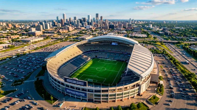 Jalkapallostadion ilmasta kuvattuna ennen MM-kisojen 2026 ottelua