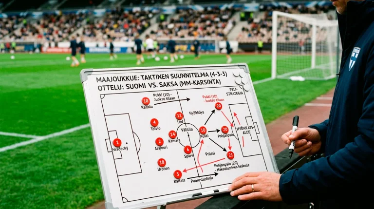 Jalkapallo-ottelun taktinen taulu ja strategiamuistiinpanot kentän laidalla