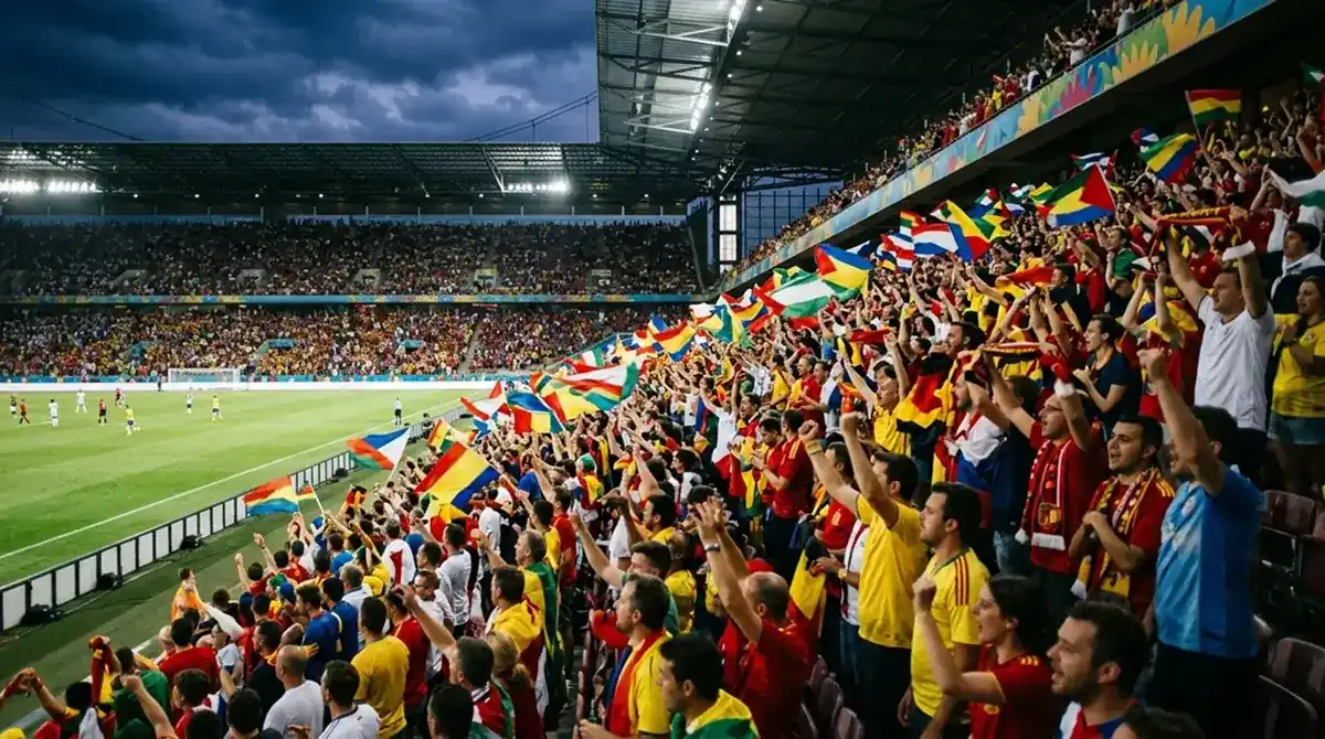 Stadionin yleisöä ja kentän reunaa MM-ottelussa